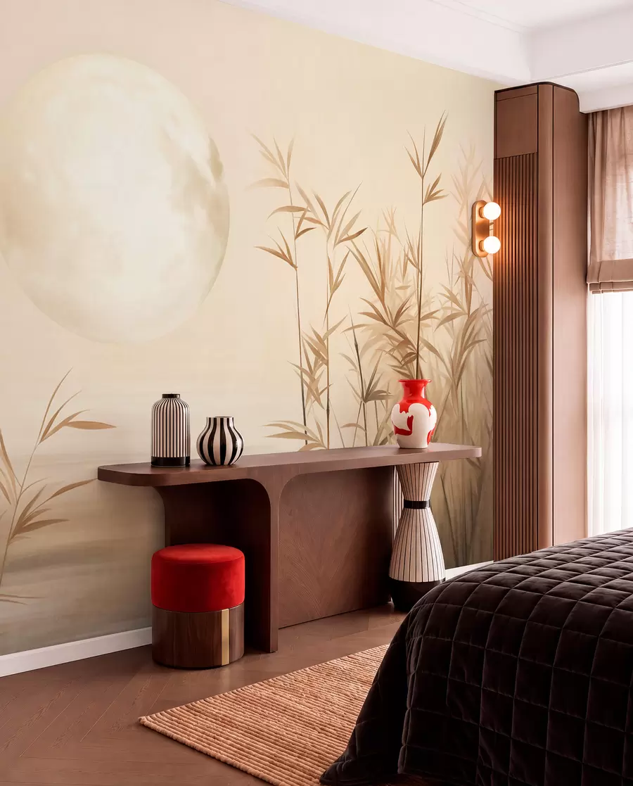 wall murals Текстурирани пејзаж са високом трском, језером и бледим месецом на магловитом небу w09631