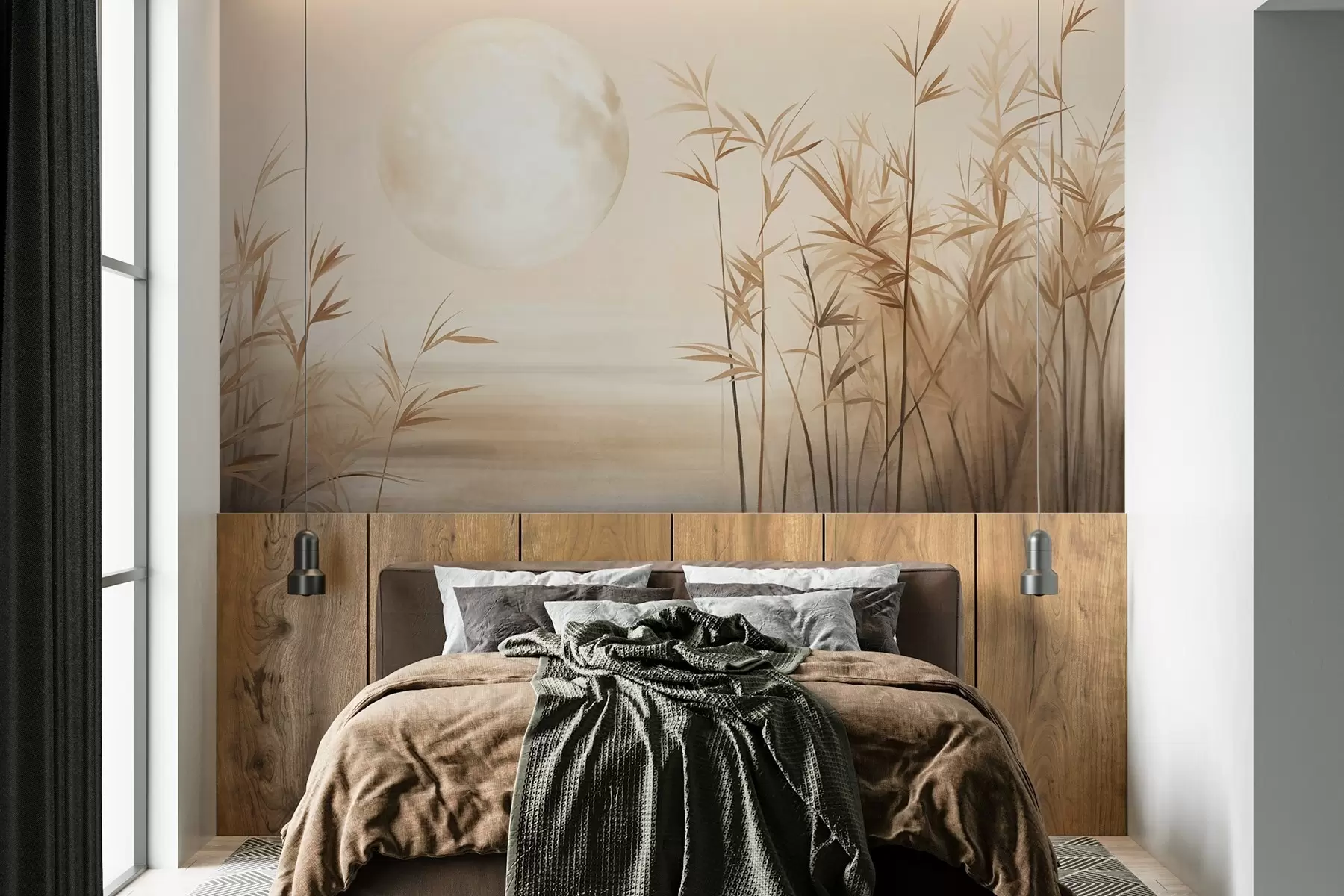 wall murals Текстурирани пејзаж са високом трском, језером и бледим месецом на магловитом небу w09631