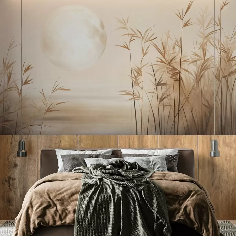 wall murals Текстурирани пејзаж са високом трском, језером и бледим месецом на магловитом небу w09631