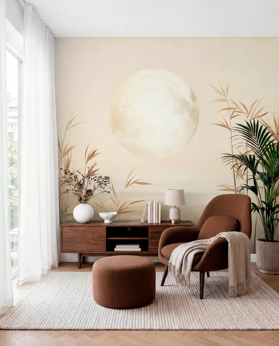 wall murals Текстурирани пејзаж са високом трском, језером и бледим месецом на магловитом небу w09631
