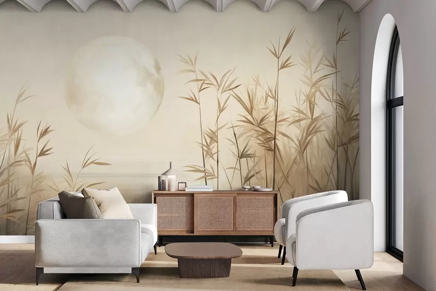 wall murals Текстурирани пејзаж са високом трском, језером и бледим месецом на магловитом небу w09631