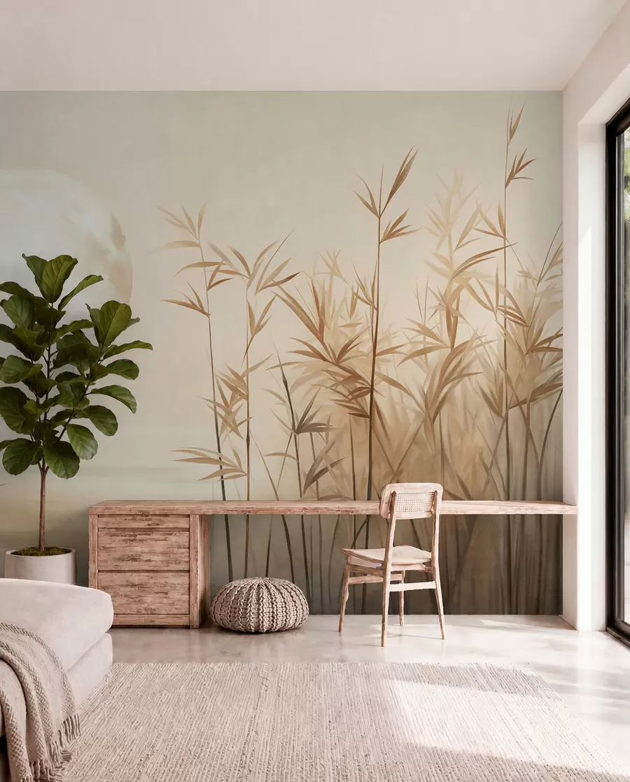 wall murals Текстурирани пејзаж са високом трском, језером и бледим месецом на магловитом небу w09631
