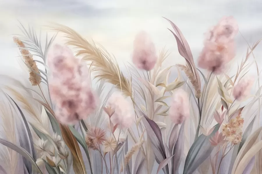 wall murals Ружичаста и беж пампас трава и друго суво цвеће са меким, магловитим небом у позадини w09635