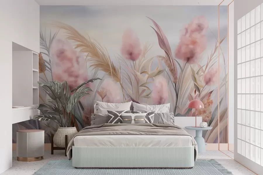 wall murals Ружичаста и беж пампас трава и друго суво цвеће са меким, магловитим небом у позадини w09635