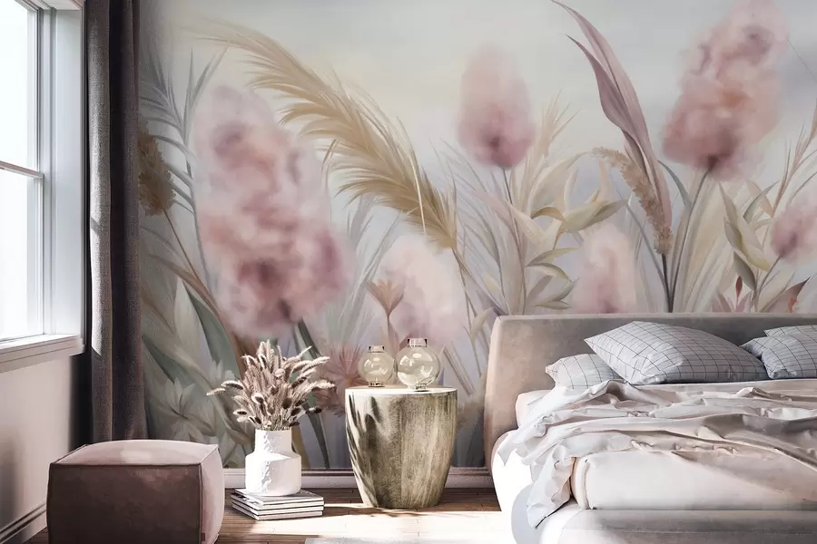 wall murals Ружичаста и беж пампас трава и друго суво цвеће са меким, магловитим небом у позадини w09635