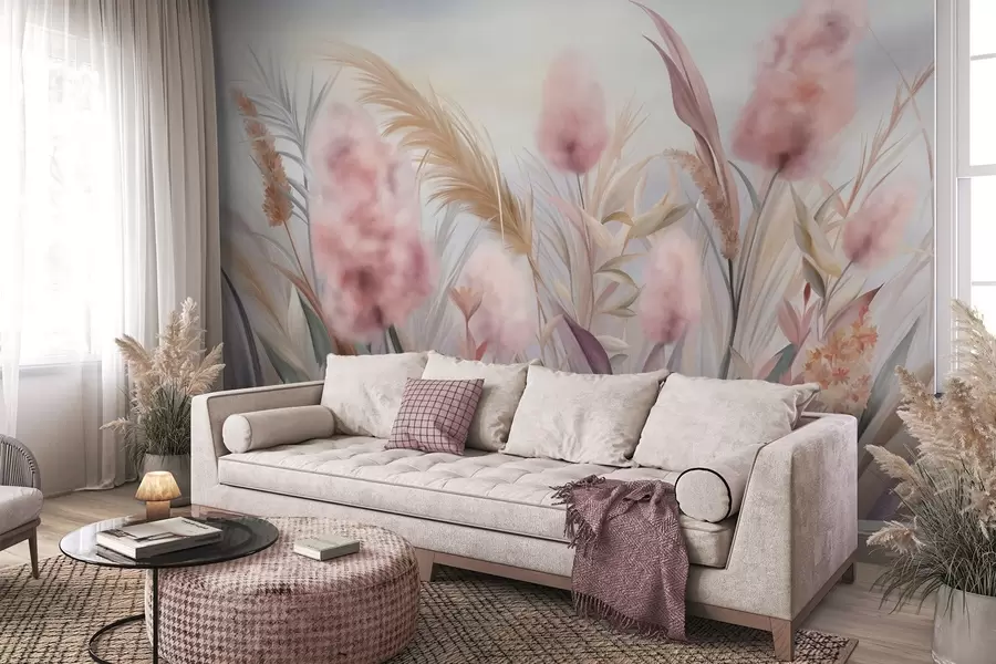 wall murals Ружичаста и беж пампас трава и друго суво цвеће са меким, магловитим небом у позадини w09635