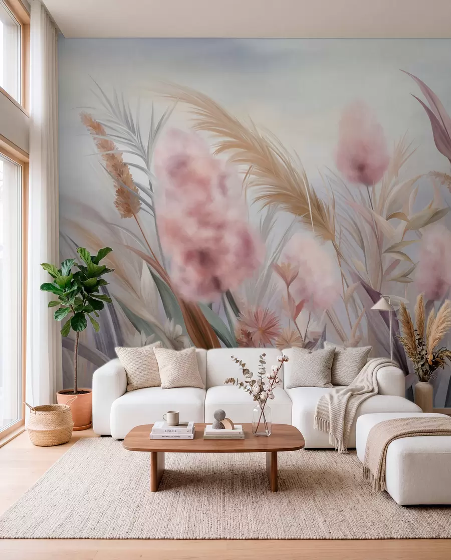 wall murals Ружичаста и беж пампас трава и друго суво цвеће са меким, магловитим небом у позадини w09635