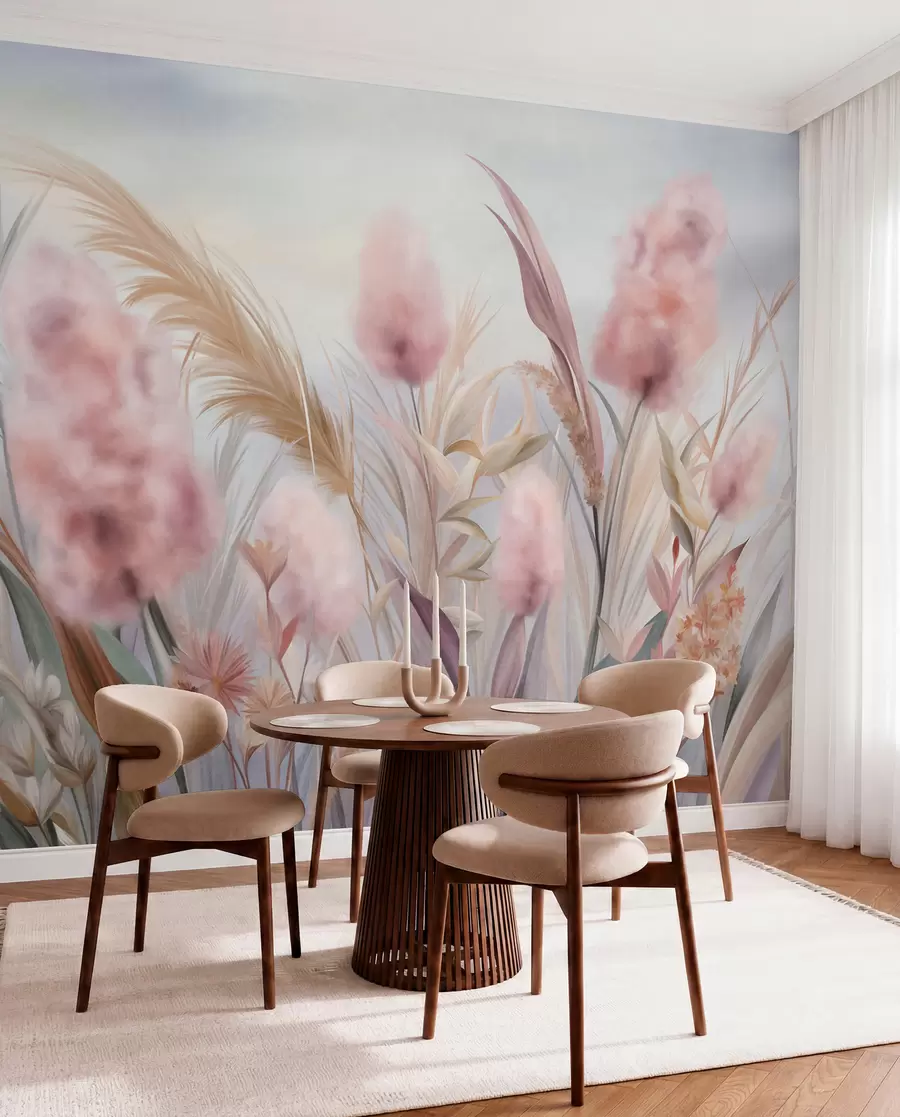 wall murals Ружичаста и беж пампас трава и друго суво цвеће са меким, магловитим небом у позадини w09635