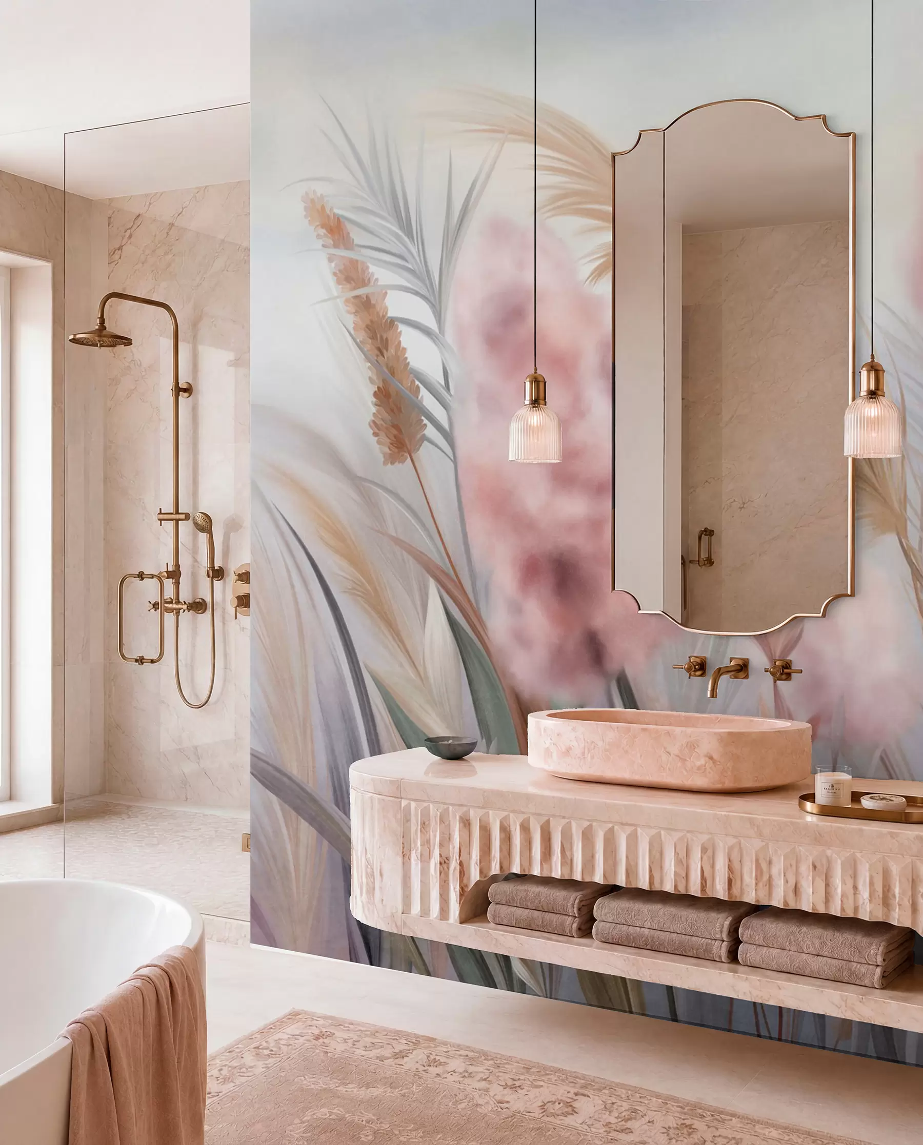 wall murals Ружичаста и беж пампас трава и друго суво цвеће са меким, магловитим небом у позадини w09635