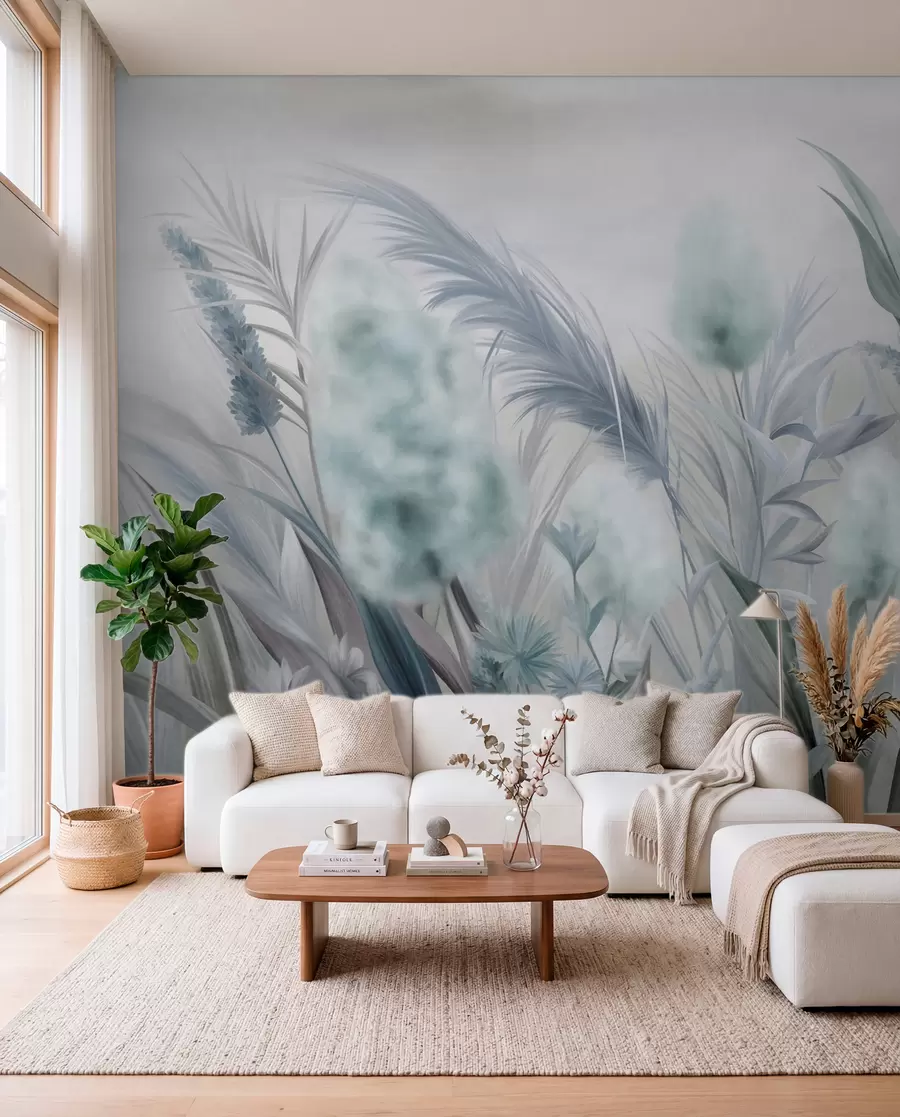 wall murals Плава и сива пампас трава и друго суво цвеће са меким, магловитим небом у позадини w09635v1