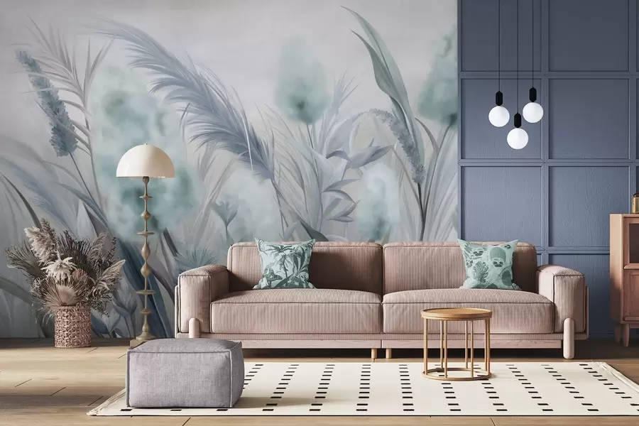 wall murals Плава и сива пампас трава и друго суво цвеће са меким, магловитим небом у позадини w09635v1