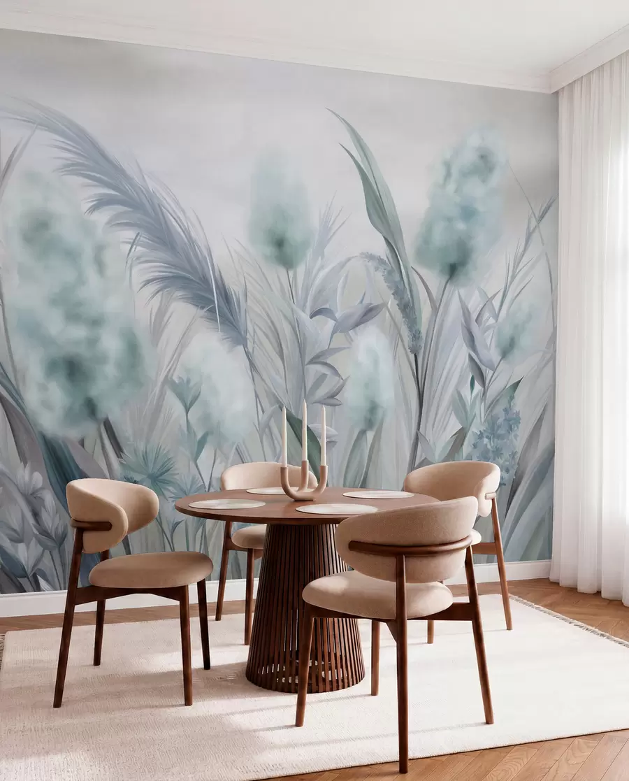 wall murals Плава и сива пампас трава и друго суво цвеће са меким, магловитим небом у позадини w09635v1