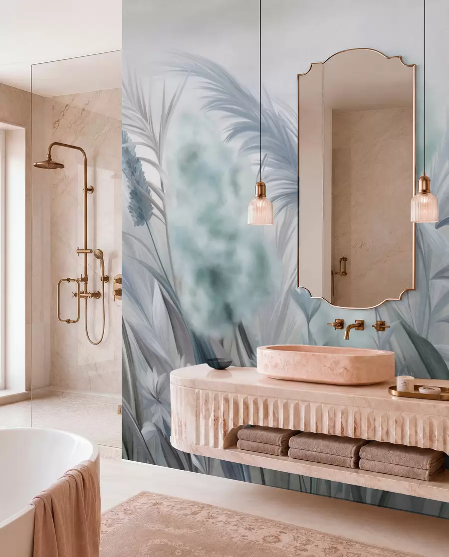 wall murals Плава и сива пампас трава и друго суво цвеће са меким, магловитим небом у позадини w09635v1