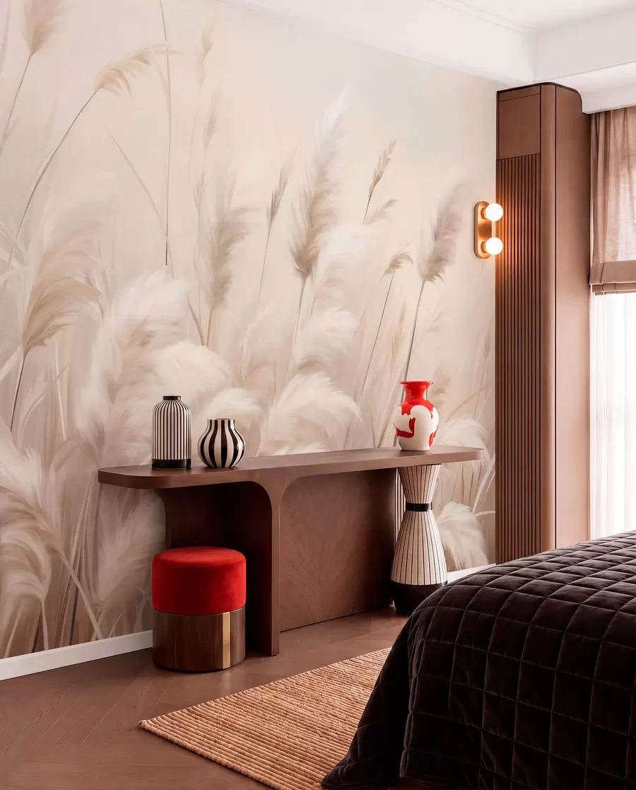 wall murals Висока, текстурирана пампас трава у меким, топлим, неутралним тоновима, са замућеном, светлом позадином w09637