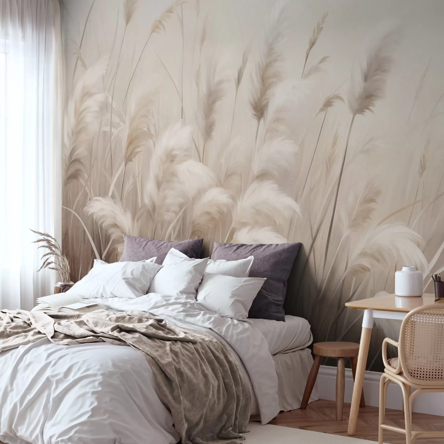 wall murals Висока, текстурирана пампас трава у меким, топлим, неутралним тоновима, са замућеном, светлом позадином w09637