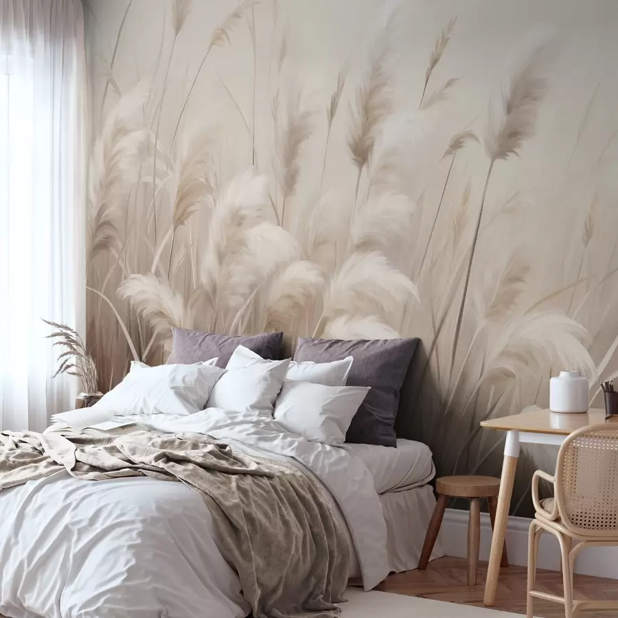 wall murals Висока, текстурирана пампас трава у меким, топлим, неутралним тоновима, са замућеном, светлом позадином w09637