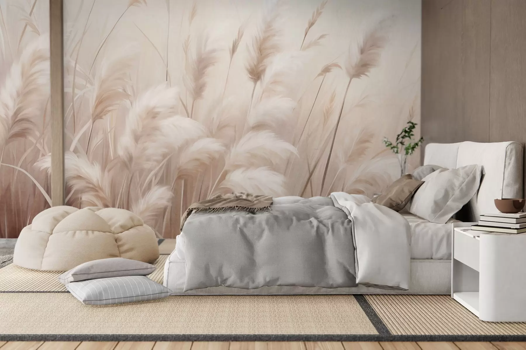 wall murals Висока, текстурирана пампас трава у меким, топлим, неутралним тоновима, са замућеном, светлом позадином w09637