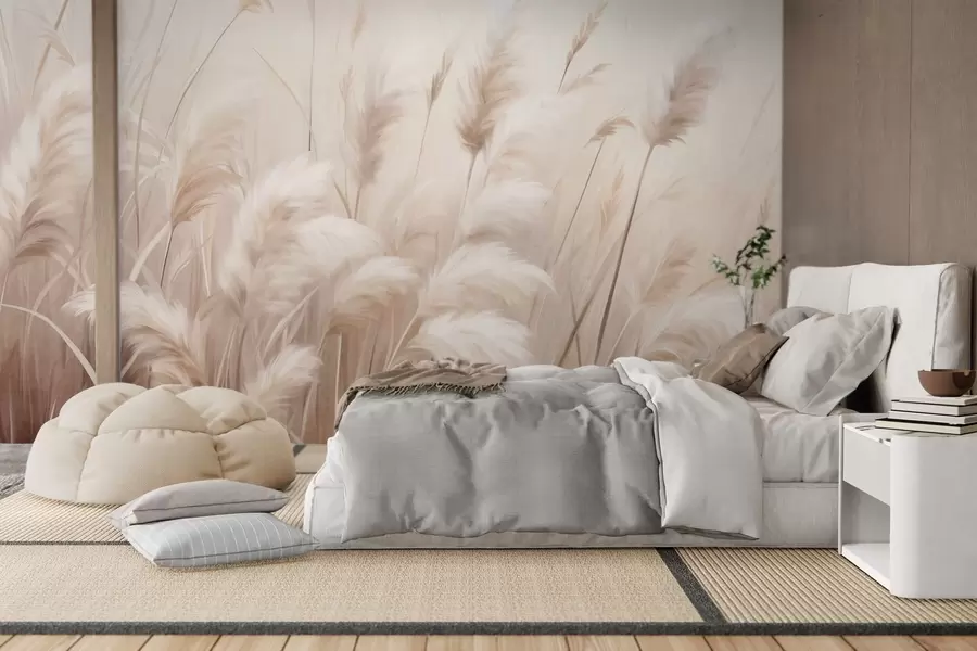 wall murals Висока, текстурирана пампас трава у меким, топлим, неутралним тоновима, са замућеном, светлом позадином w09637