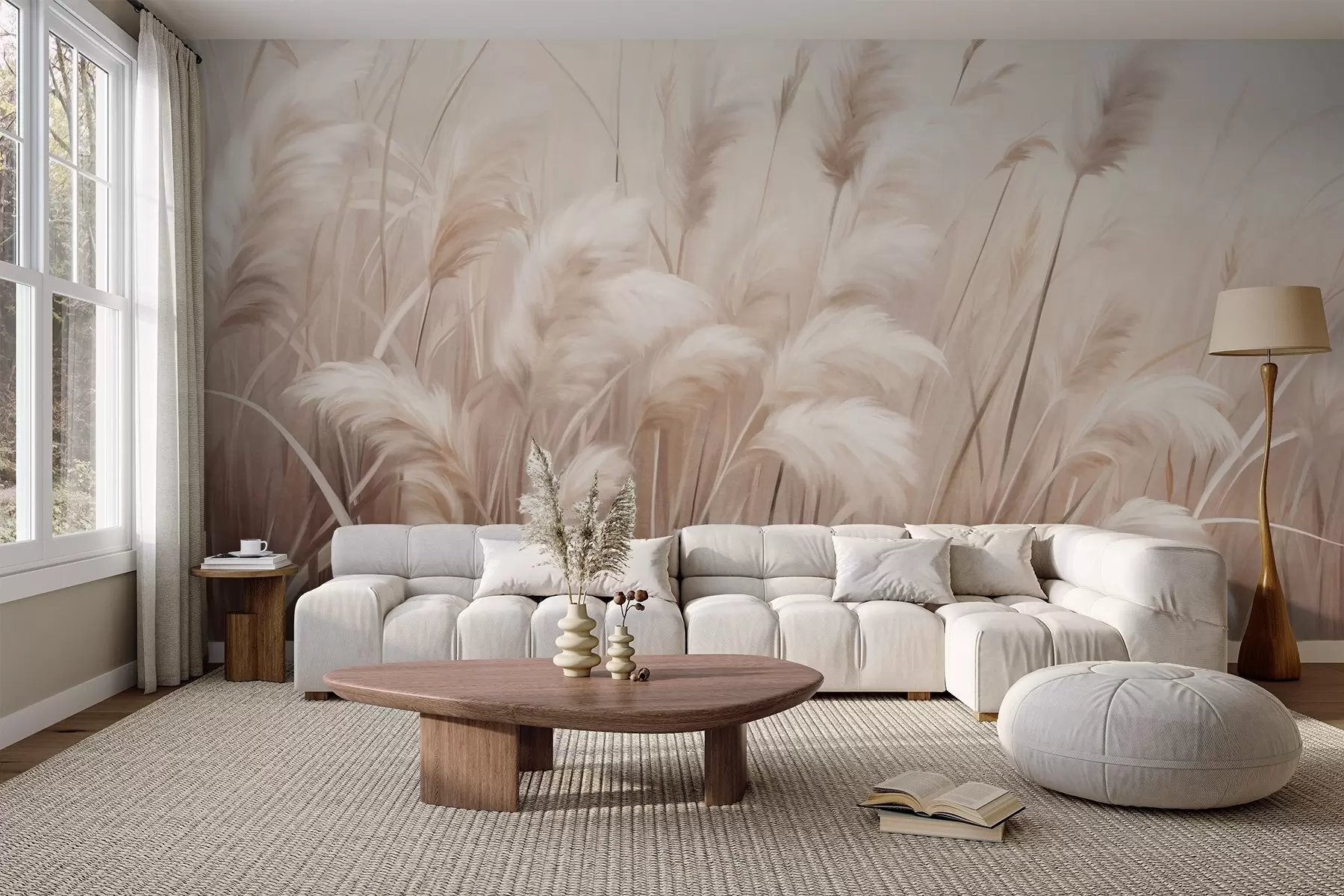 wall murals Висока, текстурирана пампас трава у меким, топлим, неутралним тоновима, са замућеном, светлом позадином w09637