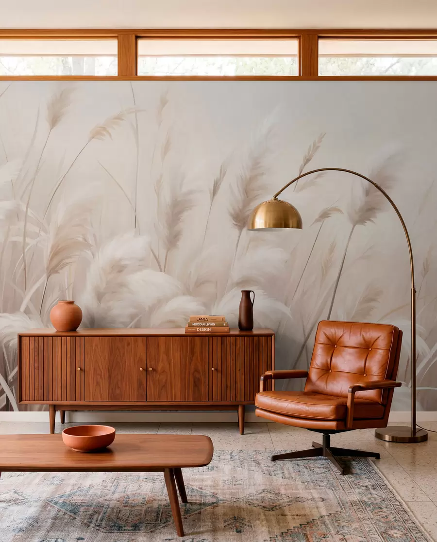 wall murals Висока, текстурирана пампас трава у меким, топлим, неутралним тоновима, са замућеном, светлом позадином w09637