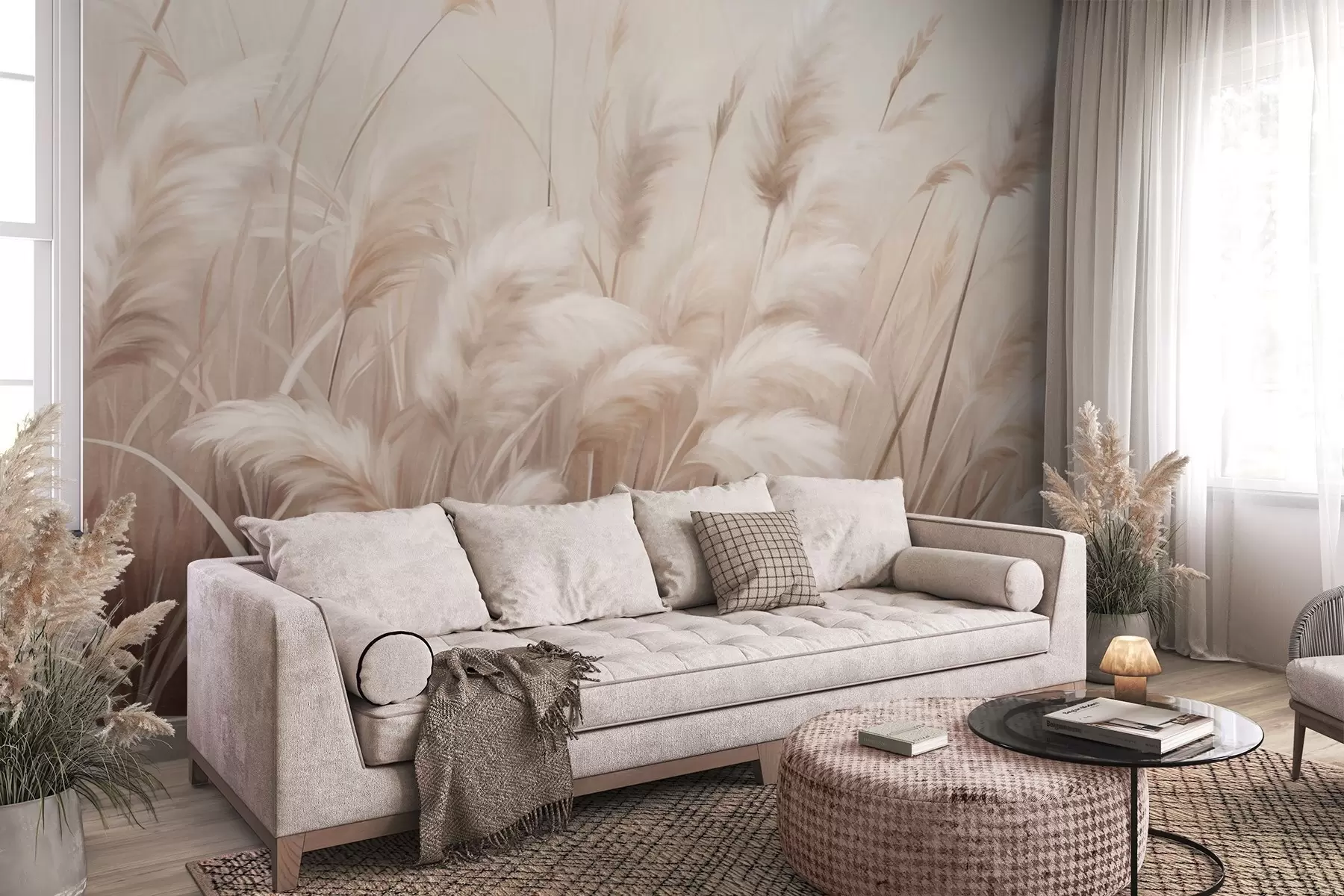 wall murals Висока, текстурирана пампас трава у меким, топлим, неутралним тоновима, са замућеном, светлом позадином w09637
