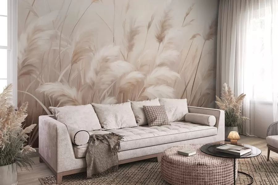 wall murals Висока, текстурирана пампас трава у меким, топлим, неутралним тоновима, са замућеном, светлом позадином w09637