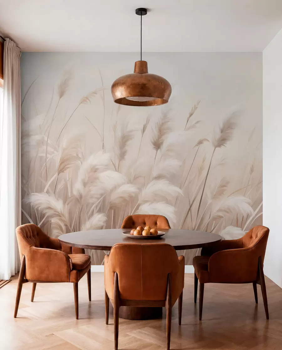 wall murals Висока, текстурирана пампас трава у меким, топлим, неутралним тоновима, са замућеном, светлом позадином w09637