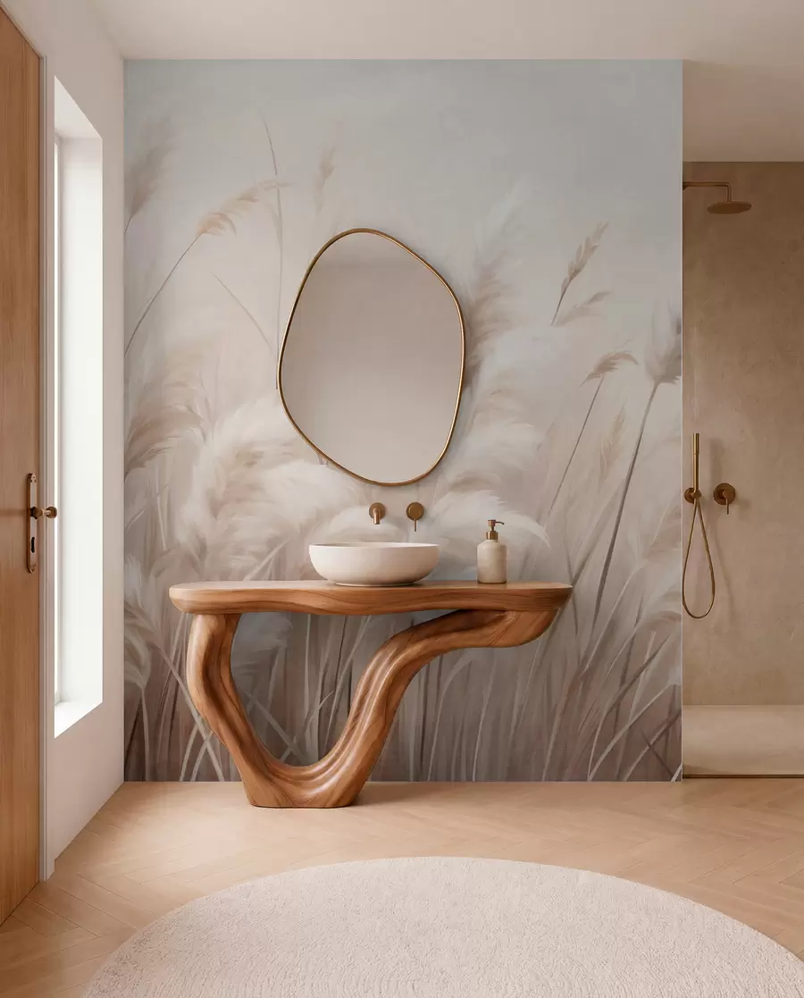 wall murals Висока, текстурирана пампас трава у меким, топлим, неутралним тоновима, са замућеном, светлом позадином w09637