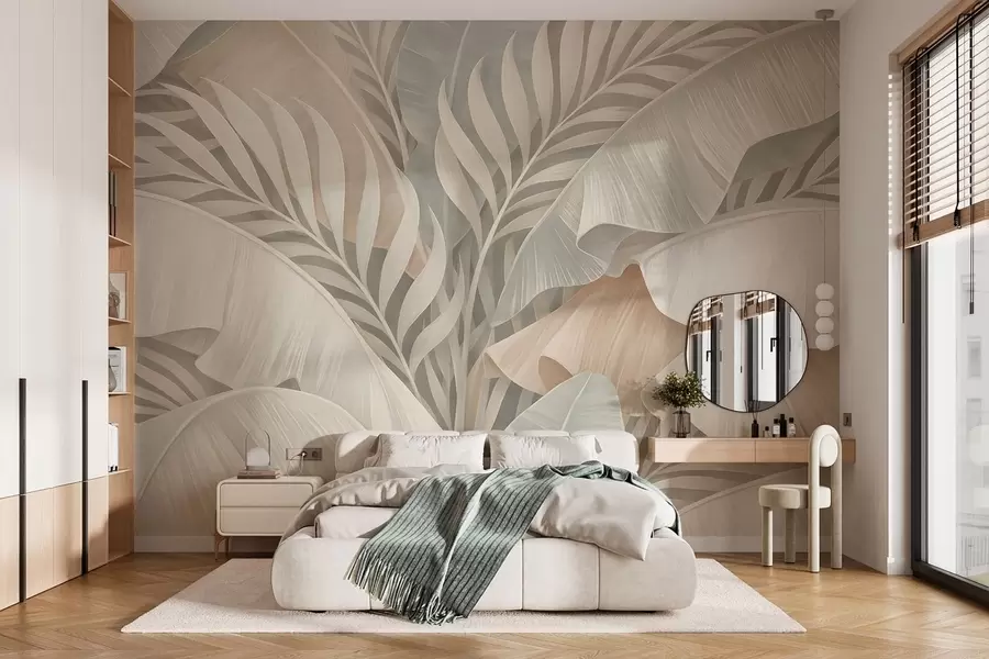 wall murals велики тропски листови у нијансама брескве и тамно тиркизне боје w05062