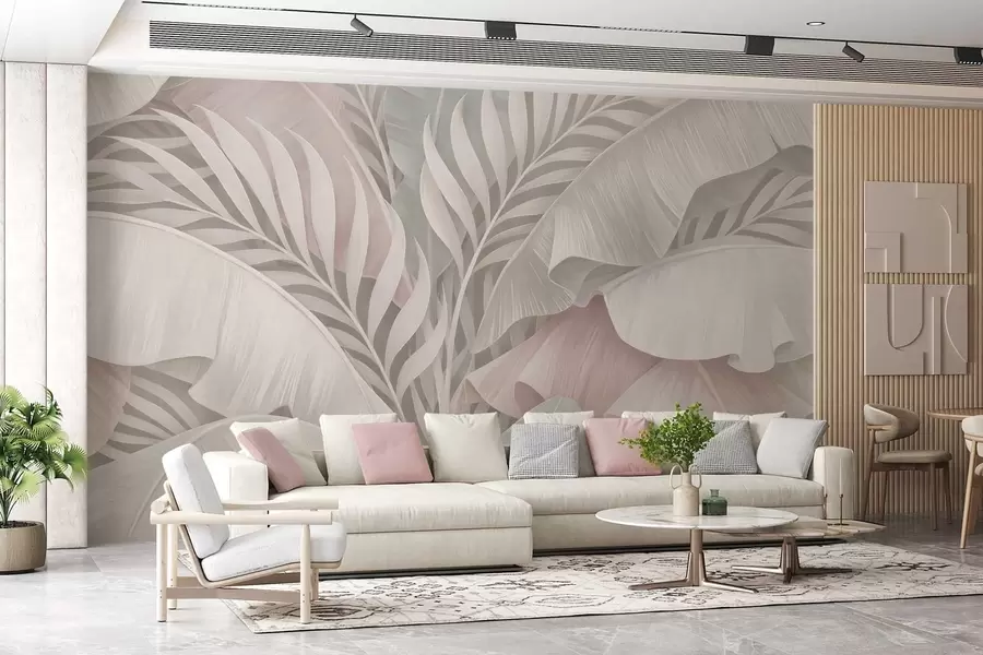 wall murals велики тропски листови у хладним нијансама ружичасте и сиве w05062v1