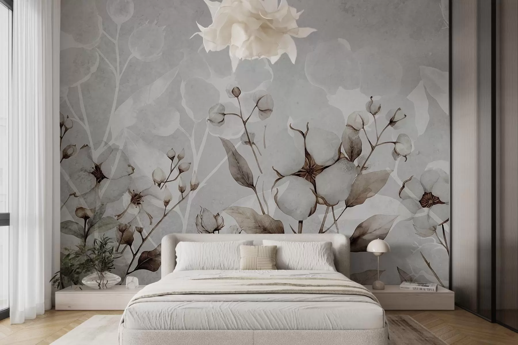 wall murals Велико цвеће памука на светло сивој позадини w09691