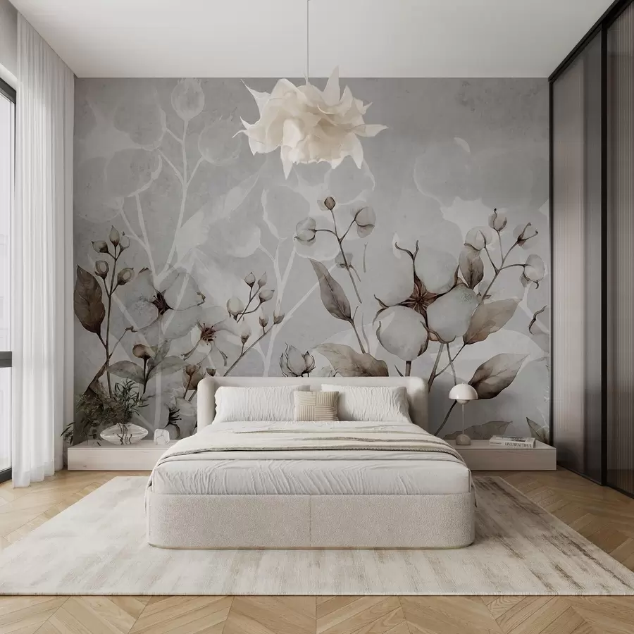 wall murals Велико цвеће памука на светло сивој позадини w09691