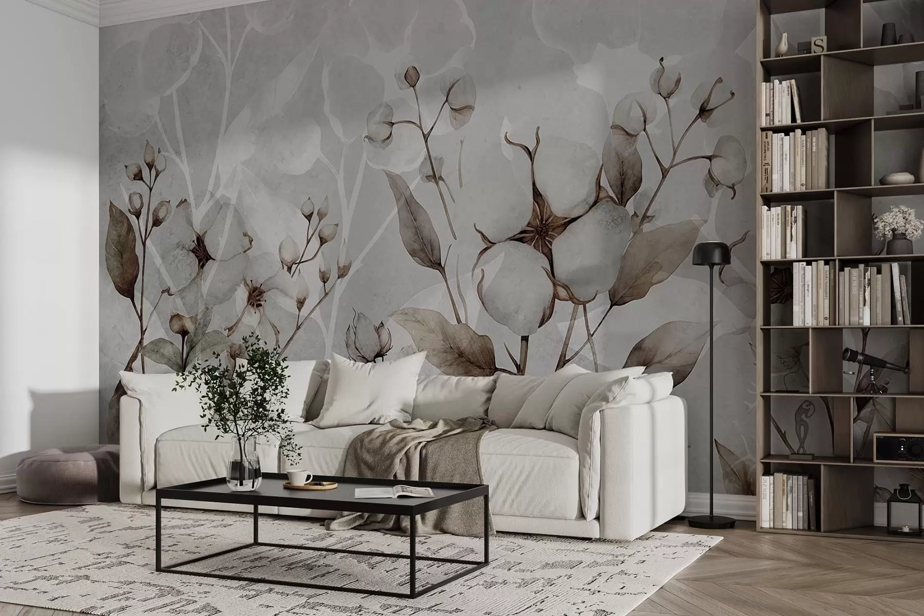 wall murals Велико цвеће памука на светло сивој позадини w09691