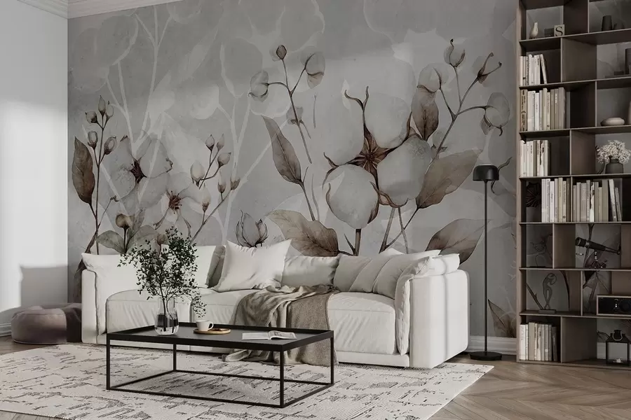wall murals Велико цвеће памука на светло сивој позадини w09691