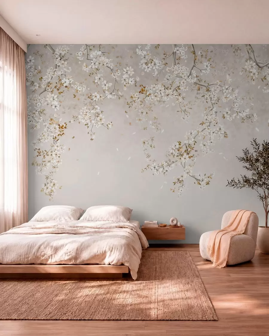 wall murals Гране са белим цветовима на мекој беж позадини w05129