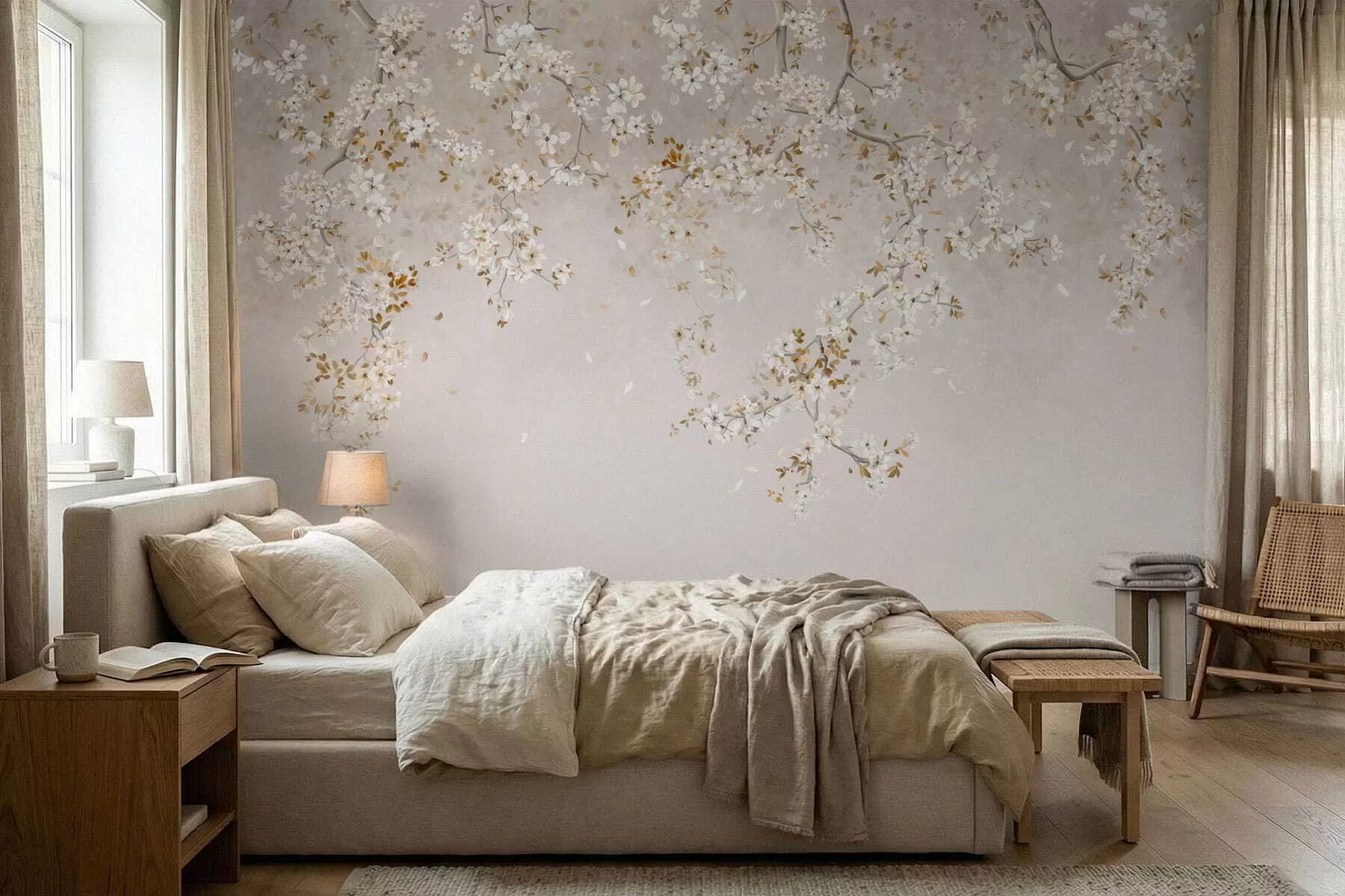 wall murals Гране са белим цветовима на мекој беж позадини w05129