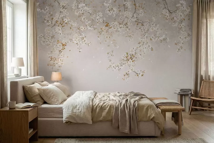wall murals Гране са белим цветовима на мекој беж позадини w05129