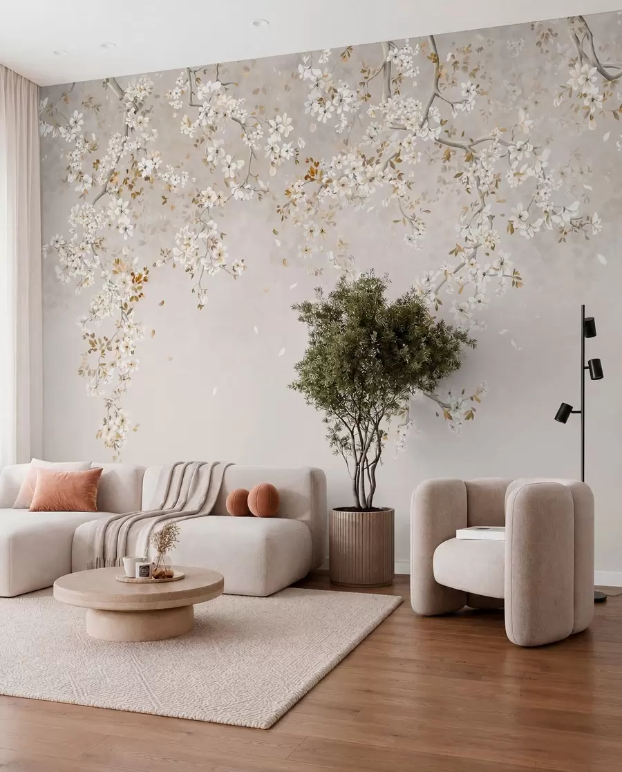 wall murals Гране са белим цветовима на мекој беж позадини w05129