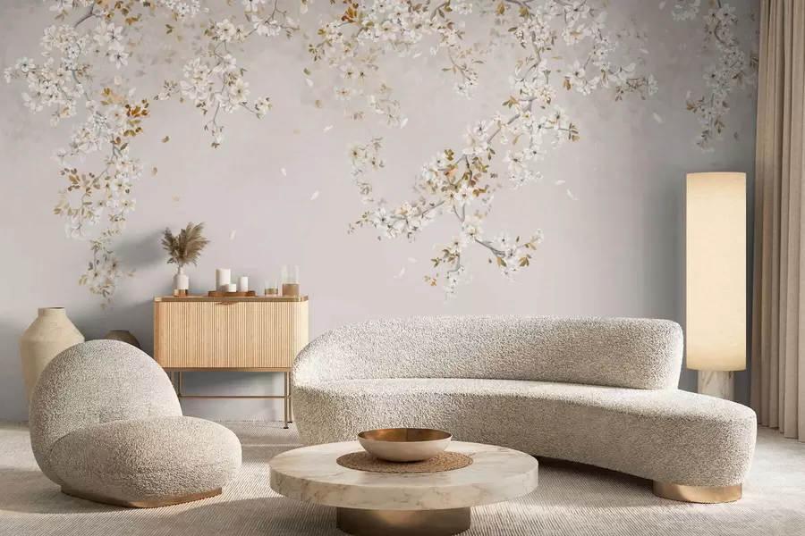 wall murals Гране са белим цветовима на мекој беж позадини w05129
