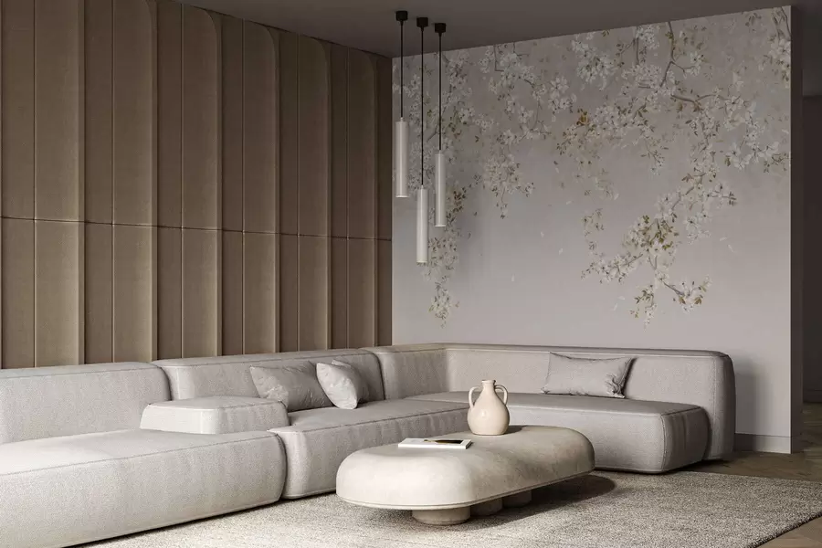 wall murals Гране са белим цветовима на мекој беж позадини w05129
