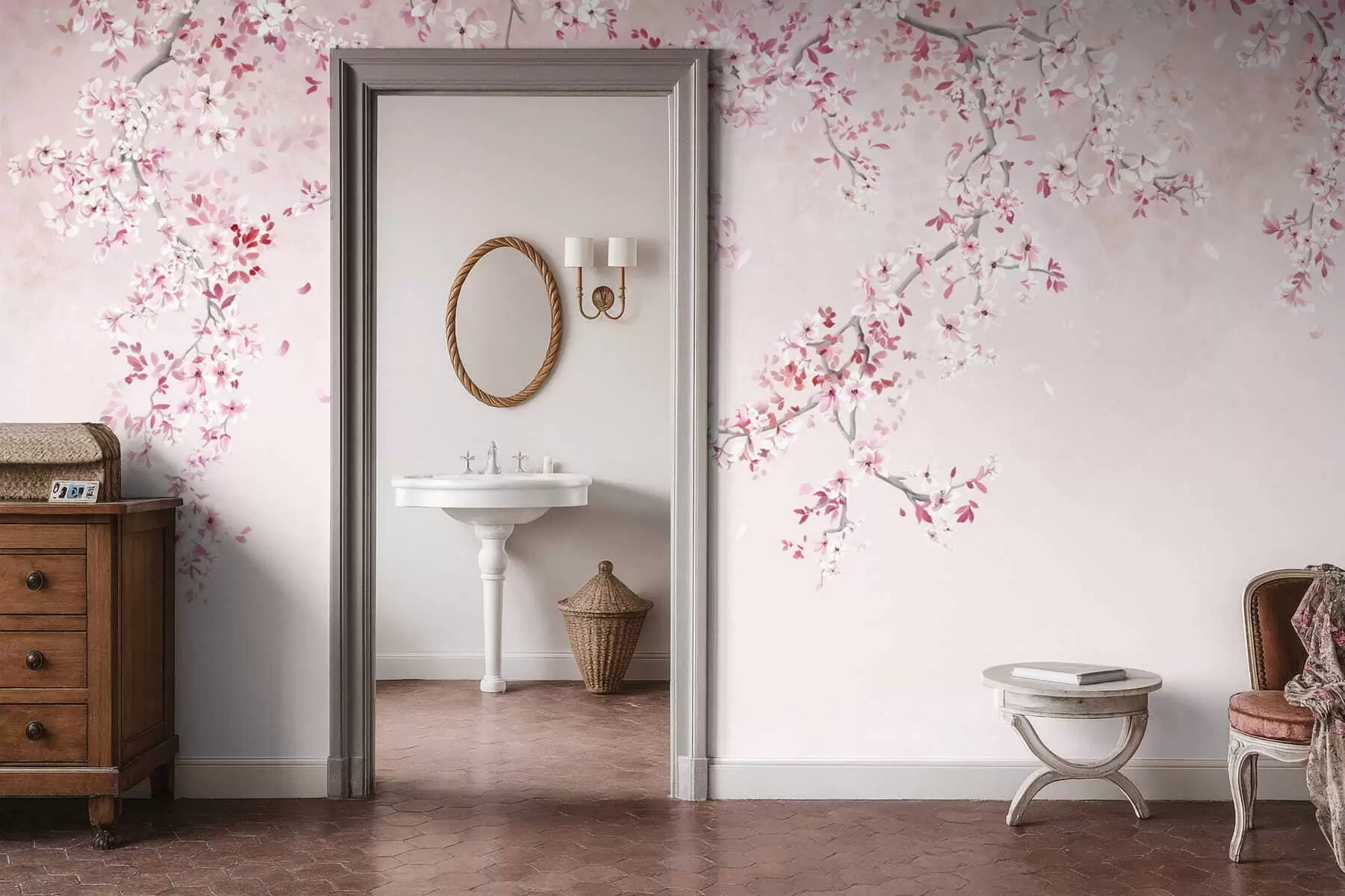 wall murals Гране са ружичастим цветовима на мекој пастелној позадини w05129v1