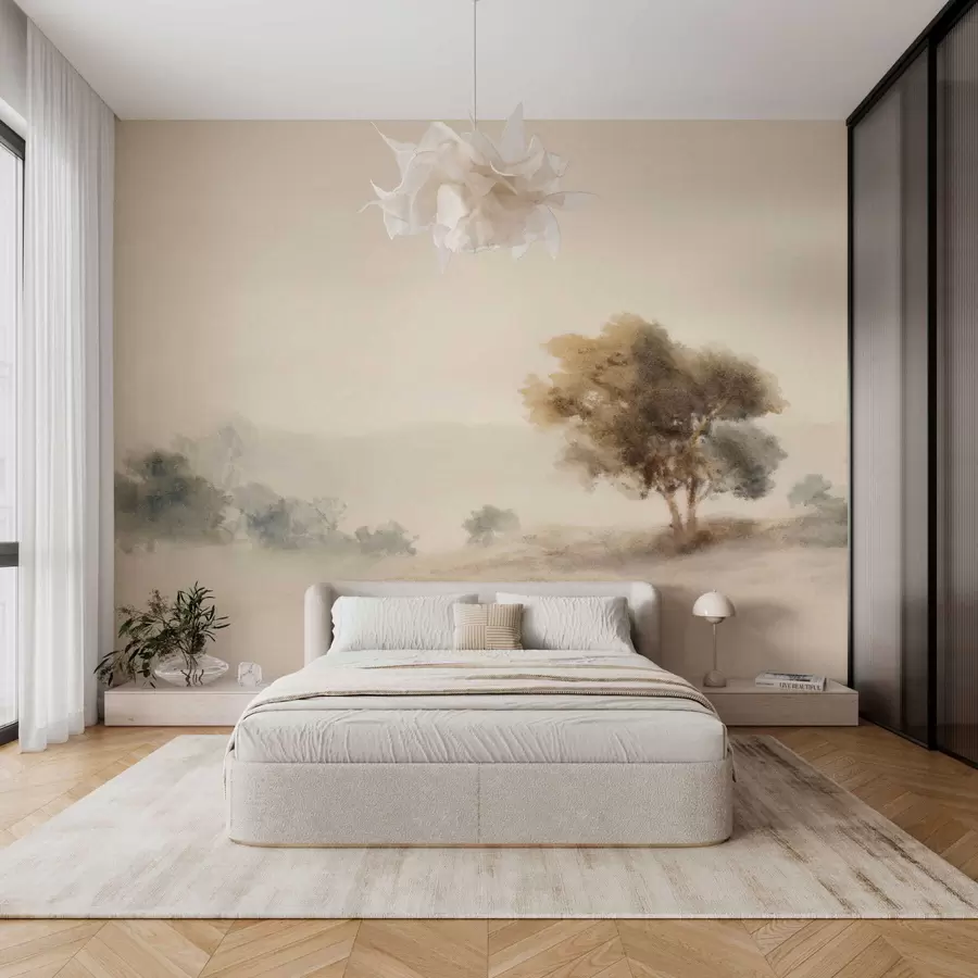 wall murals Минималистички пејзаж са усамљеним дрветом у магли w05223