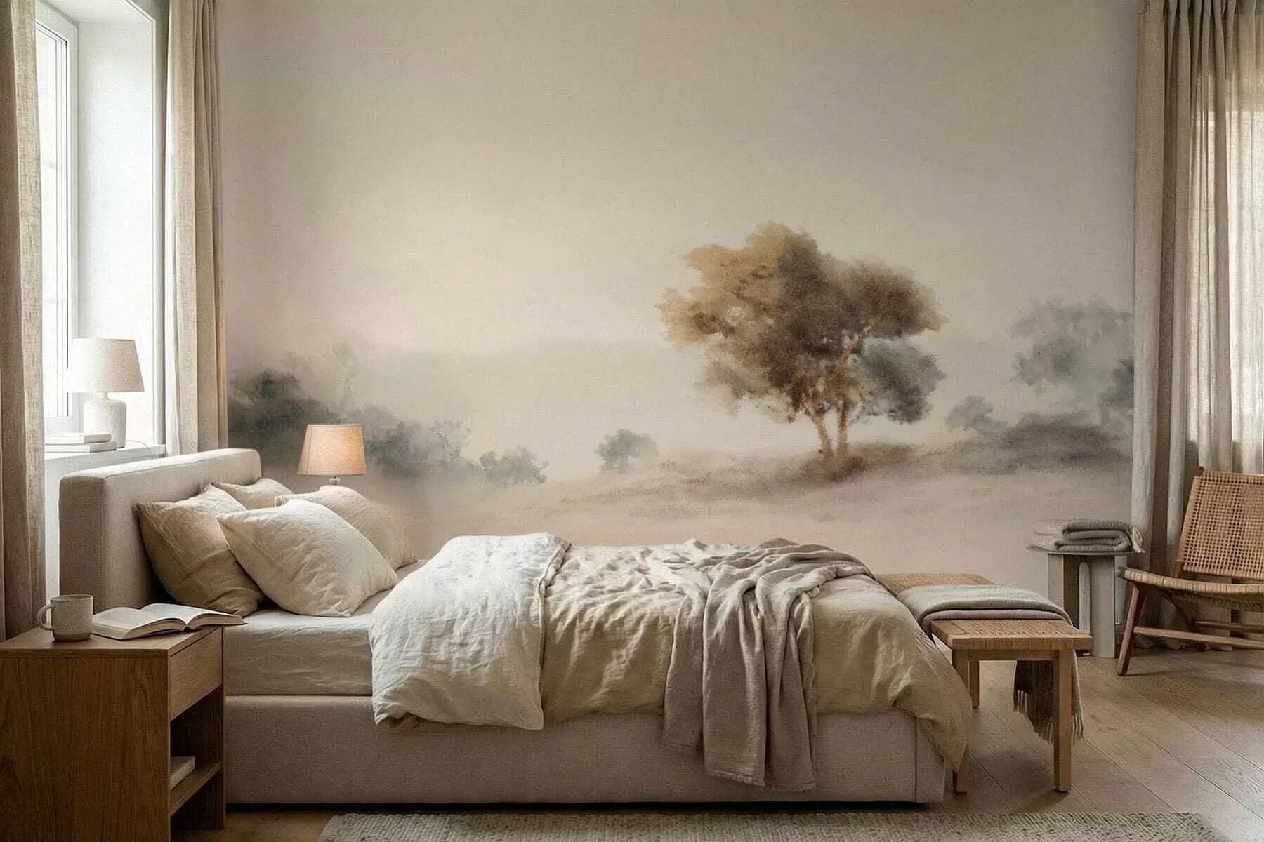 wall murals Минималистички пејзаж са усамљеним дрветом у магли w05223