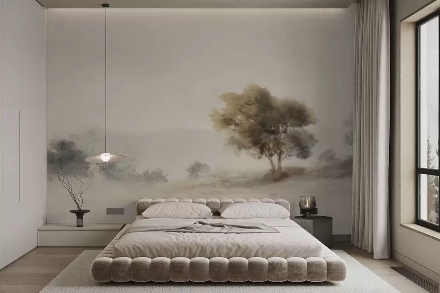 wall murals Минималистички пејзаж са усамљеним дрветом у магли w05223