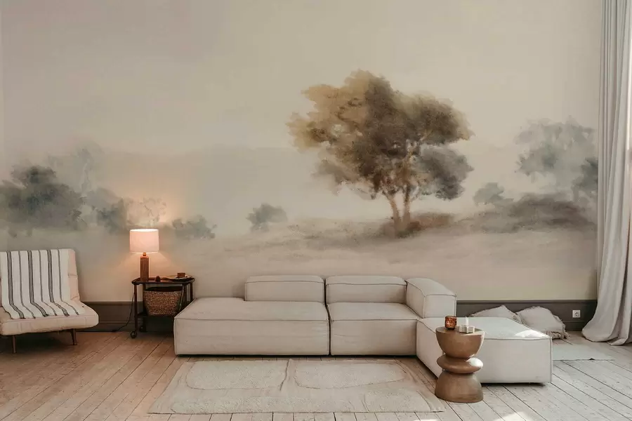 wall murals Минималистички пејзаж са усамљеним дрветом у магли w05223