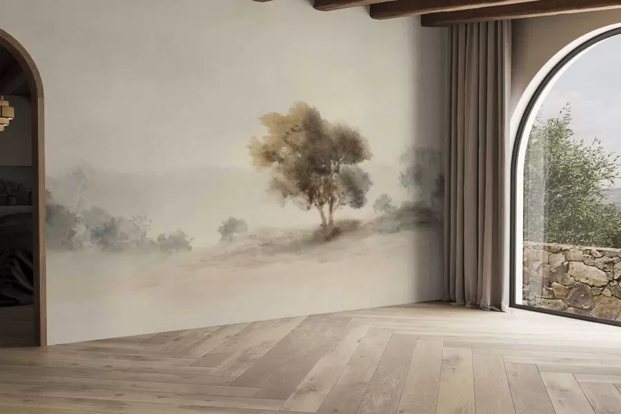 wall murals Минималистички пејзаж са усамљеним дрветом у магли w05223