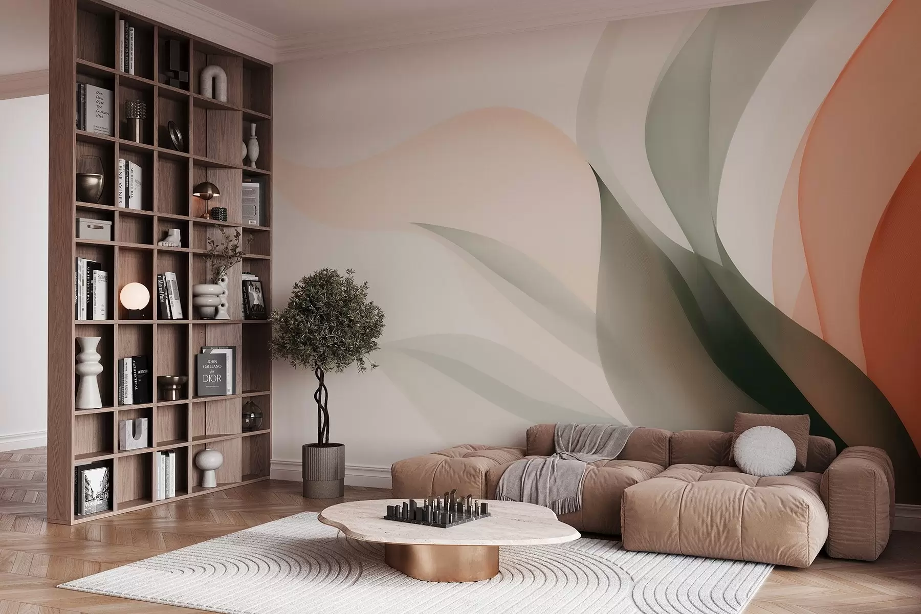 wall murals Апстрактни пастелни таласи у наранџастим и зеленим тоновима w09718