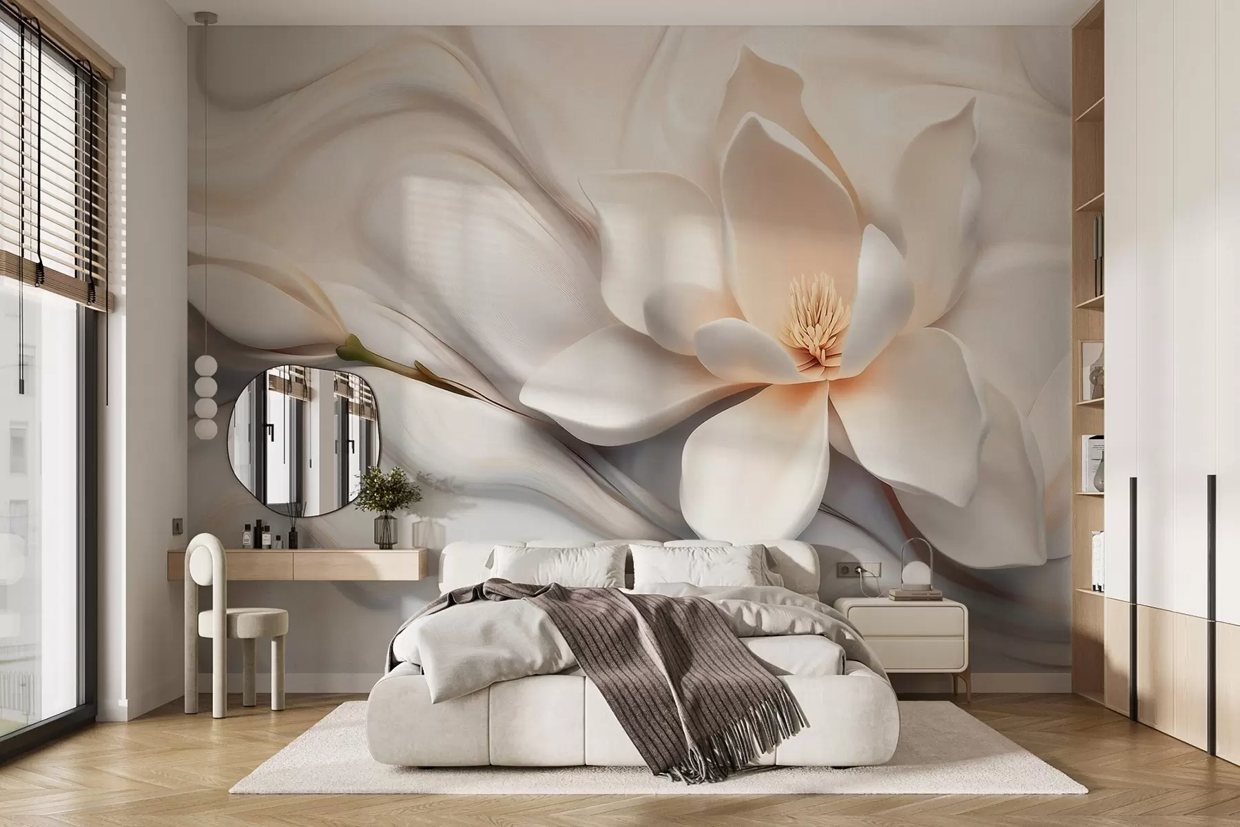 wall murals Тродимензионална бела магнолија са имитацијом мермерне текстуре у рељефу w09729