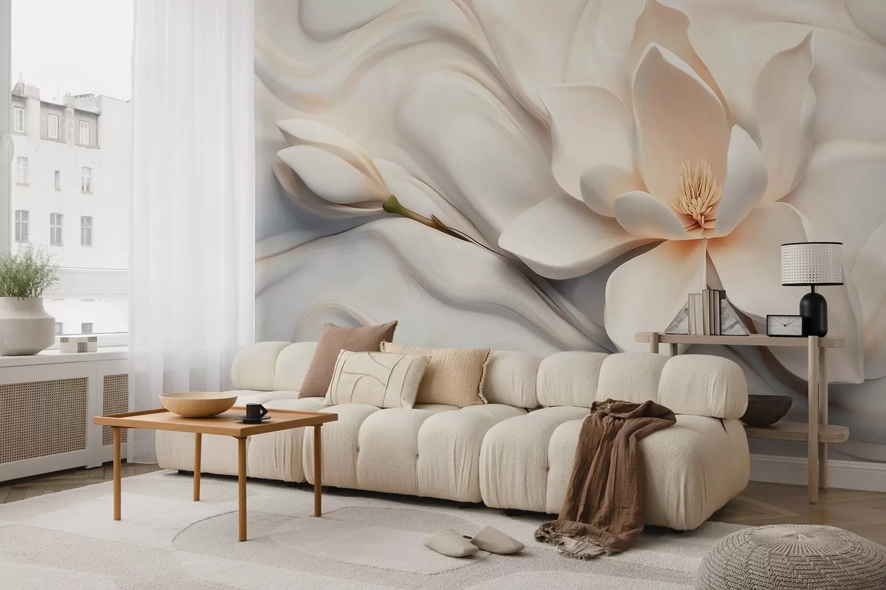 wall murals Тродимензионална бела магнолија са имитацијом мермерне текстуре у рељефу w09729