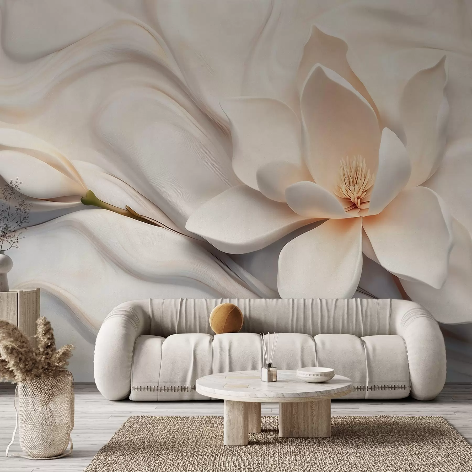 wall murals Тродимензионална бела магнолија са имитацијом мермерне текстуре у рељефу w09729